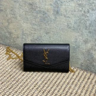 Replica Saint Laurent Grain De Poudre Monogram Uptown Chain Wallet Black