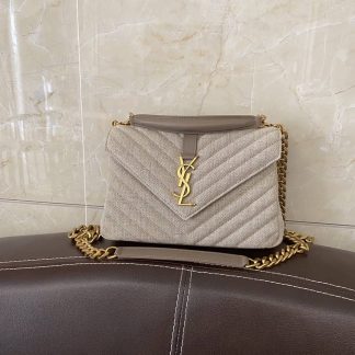 Replica Saint Laurent College Beige Cotton Linen Chain Shoulder Bag