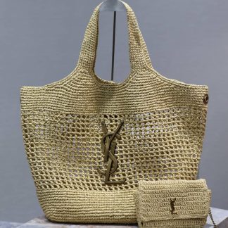 Replica Saint Laurent Womens Metallic Raffia Icare Tote Bag