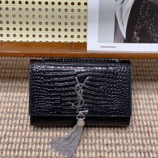 Replica Saint Laurent Kate crocodile embossed Calfskin small wallet on chain