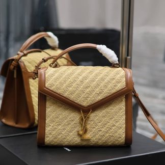 Replica Saint Laurent Cassandra monogram-plaque raffia top handle bag