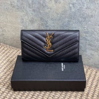 Replica Saint Laurent Grained Leather Chevron Long Envelope Wallet Black