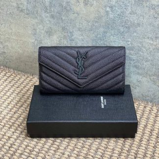 Replica Saint Laurent Grained Leather Chevron Long Envelope Wallet Black