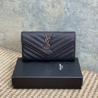 Replica Saint Laurent Grained Leather Chevron Long Envelope Wallet Black