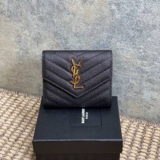 Replica Saint Laurent Grained Caviar Leather Compact Tri-Fold Wallet Black