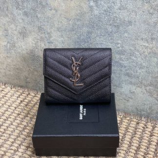 Replica Saint Laurent Grained Caviar Leather Compact Tri-Fold Wallet Black