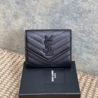 Replica Saint Laurent Grained Caviar Leather Compact Tri-Fold Wallet Black