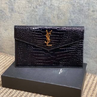 Replica Saint Laurent Calfskin Crocodile Embossed Uptown Monogram Pouch