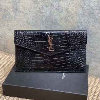 Replica Saint Laurent Calfskin Crocodile Embossed Uptown Monogram Pouch