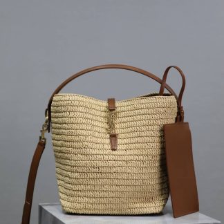 Replica Saint Laurent Le 37 Natural Raffia Brick Leather Bucket Bag