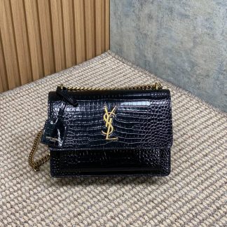 Replica Saint Laurent Calfskin Crocodile Embossed Monogram Sunset Shoulder Bag