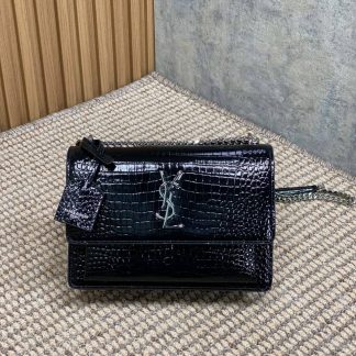 Replica Saint Laurent Calfskin Crocodile Embossed Monogram Sunset Shoulder Bag