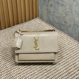 Replica Saint Laurent Calfskin Crocodile Embossed Monogram Sunset Shoulder Bag