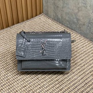 Replica Saint Laurent Calfskin Crocodile Embossed Monogram Sunset Shoulder Bag