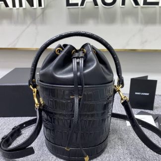 Replica Saint Laurent Bahia Calfskin Crocodile Embossed Bucket Bag Black