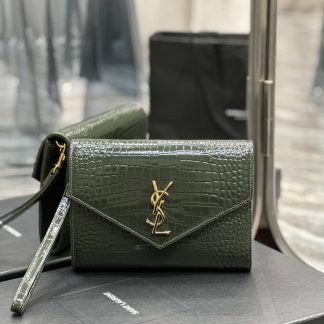 Replica Saint Laurent Monogram Cassandre Calfskin Crocodile Embossed Flap Pouch