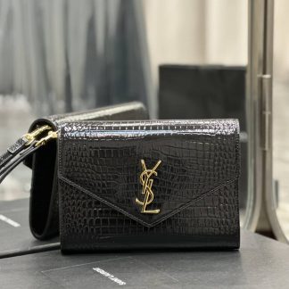 Replica Saint Laurent Monogram Cassandre Calfskin Crocodile Embossed Flap Pouch