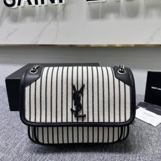 Replica Saint Laurent Monogram Niki Cotton Canvas Striped Vintage Calfskin Small Satchel