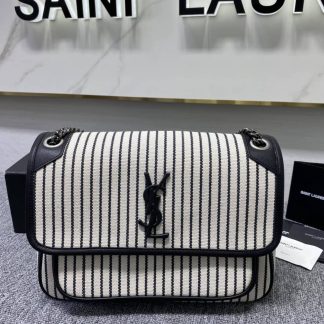 Replica Saint Laurent Monogram Niki Cotton Canvas Striped Vintage Calfskin Medium Satchel