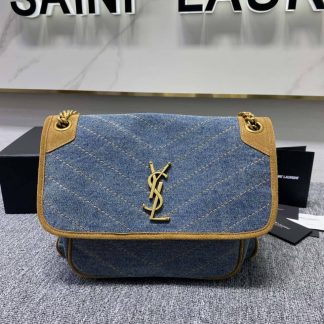 Replica Saint Laurent Monogram Niki Blue Denim Medium Chain Satchel