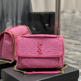 Replica Saint Laurent Boucle Tweed Monogram Niki Chain Satchel Pink