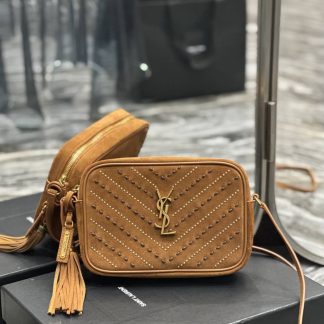 Replica Saint Laurent Suede Studded Woven Monogram Lou Camera Shoulder Bag Cinnamon