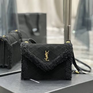 Replica Saint Laurent Gaby Mini Shearling Suede Quilted Satchel Black