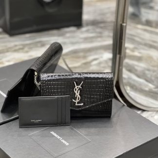 Replica Saint Laurent Calfskin Crocodile Embossed wallet on chain Flap shoulder bag