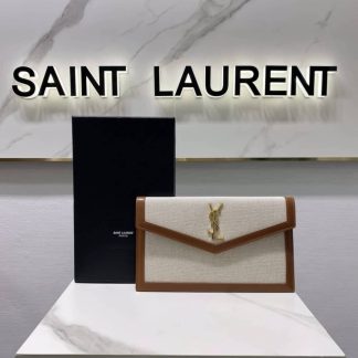 Replica Saint Laurent Uptown Canvas Leather Pouch Clutch Natural Beige Brick